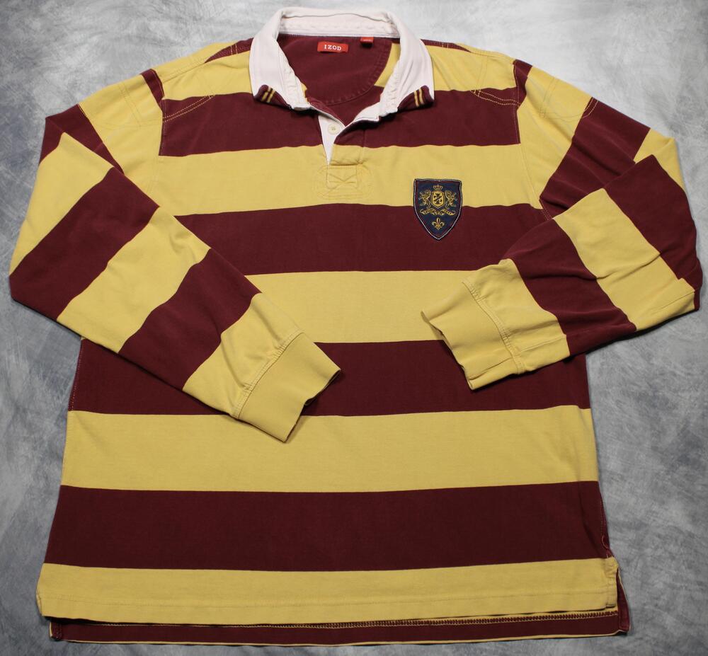 IZOD Rugby Shirt Mens XL Burgundy Yellow Stripe Crest Patch Long Sleeve Y2K